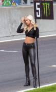 Promo babe looks sexy as hell in these tight shiny pants