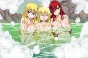 Erza, Mavis and Lucy waiting in the outdoor bath for you