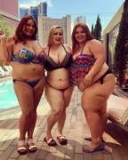 Three beautiful bikini BBWs hanging out by the pool