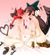 Rin and Utsuho kissing passionately [Yuri]