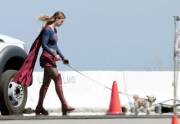 Melissa Benoist on the set of Supergirl - not quite in character