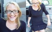Spring Thomas gets some on her glasses and black dress outdoors