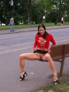 spread eagle on a bench