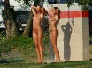 Showering off after a hot day at the nudist resort (Nude = Natural!)