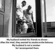 Smoking husband's friends on the balcony
