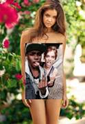 A picture of supermodel Barbara Palvin, with a picture of her and her boyfriend on top.