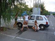 Awesome candid parking lot pee - three girls, four pics