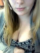 "Hello, how can I help you today sir?" (work cleavage).