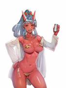 Oni woman enjoying a drink (with variants)