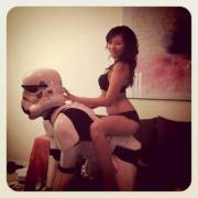 Erica Leong riding a Stormtrooper