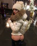 Sydney Cole in fur hoodie showing her ass in Rockefeller Plaza