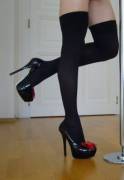 My legs..in black&amp;red pumps and black stockings (gallery in comments)