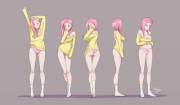 Fluttershy at different angles [humanized] (artist:trebuxet)