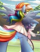 Rarity taking unfair advantage over Rainbow Dash during a game of tennis (artist: Shinodage)