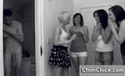 4 girls laugh and joke as guy walks out the shower [GIF]