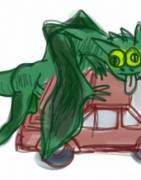 Poorly drawn dragon rear ending a car