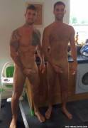 Buff, tatted up guy &amp; his lean jock bud caught naked, hard dicks in hand...
