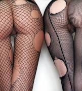 Two in ripped fishnets