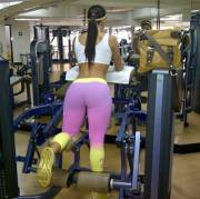 Yellow and Pink yoga pants at the gym.