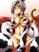[anime] Hucow in cowprint bikini about to get a gold nosering