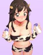 [anime] Cute girl in a cowprint outfit with two bottles of freshly-squeezed milk