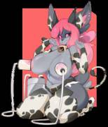 [anime] Furry bunny(?)girl is milked in cowprint outfit