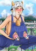 [Anime] Cowgirl farmgirl is milked suction-milked right through her overalls