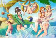 Summer Beach Party II by Jeff Mahadi - (x-post Rule34) - (Anna, Elsa, Rapunzel, Astrid, and, Vanellope)