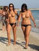 Topless chicks with black bikini bottoms