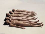 Five beautiful naked ladies sunbathing on the beach
