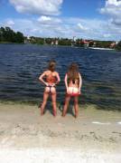 Girls teasing by the lake