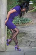 Purple dress, patterned tights