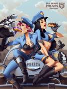Officers Caitlyn and Vi, on a doughnut break (samdrawspinups) [League of Legends]