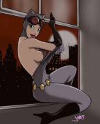 Catwoman slipping in through the window and out of her jumpsuit [japes]