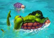 She-Hulk out on the water. With Master Roshi lurking about for some reason. [soniamatas]