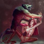 Emma Watson as Red Riding Hood having some fun with the Big Bad Wolf. Artist: porcupine