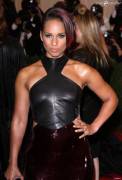 Alicia Keys in a black leather top