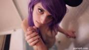 Purple haired cute amateur gives incredible head