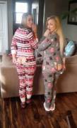 Two girls in pajamas pulling down their ass flaps for easy access
