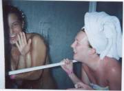 Amateur head towel fun with showering girls