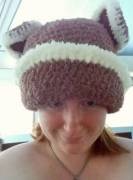 This is what happens when I'mfeeling little and find a box of fuzzy yarn. Bear hat.