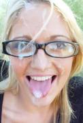 Cum on glasses outdoors
