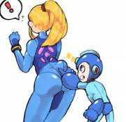 Mega Man uses his Super Arm on Samus