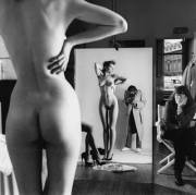 Helmut Newton with his wife and a model in vogue studio/paris, 1981