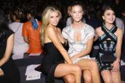 Charlotte McKinney and Nina Agdal, and actress Sami Gayle attend Herve Leger by Max Azria Spring 2016 during New York Fashion Week: The Shows at The Arc, Skylight at Moynihan Station on September 12, 2015 in New York City.