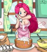 Pinkie Pie baking a cake (artist:crimsonbugeye)