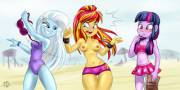 Trixie snatching Sunset Shimmer's bikini top [equestria_girls] (artist:ponut_joe)