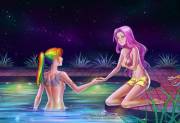 Rainbow Dash and Fluttershy at the pool (artist: alexielart)