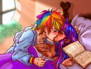 Rainbow Dash gives Twilight a good morning kiss (artist: Superkeen)
