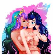 Celestia giving Luna a hug from behind and a kiss on the cheek (artist: Cloveras)